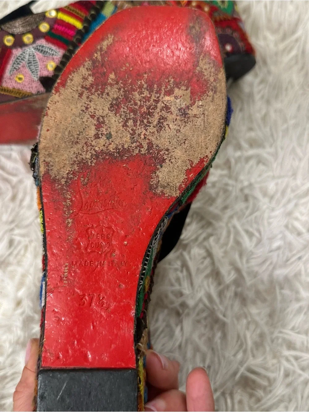 Christian Louboutin Black Multi Embroidered Platform Wedge Sandal size 7.5